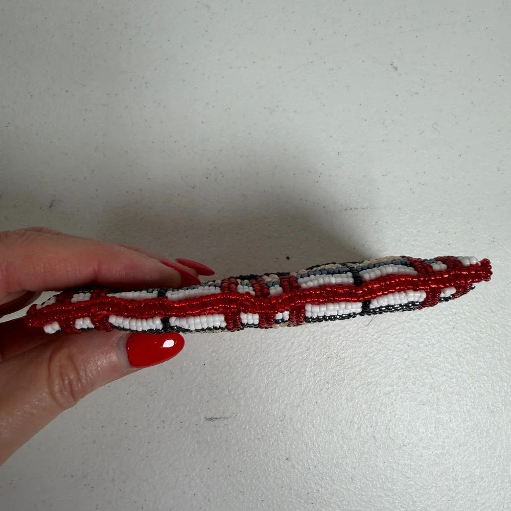 Vintage Coin Purse Plaid Beaded Red Tan White Black Zippered Card ID Pouch